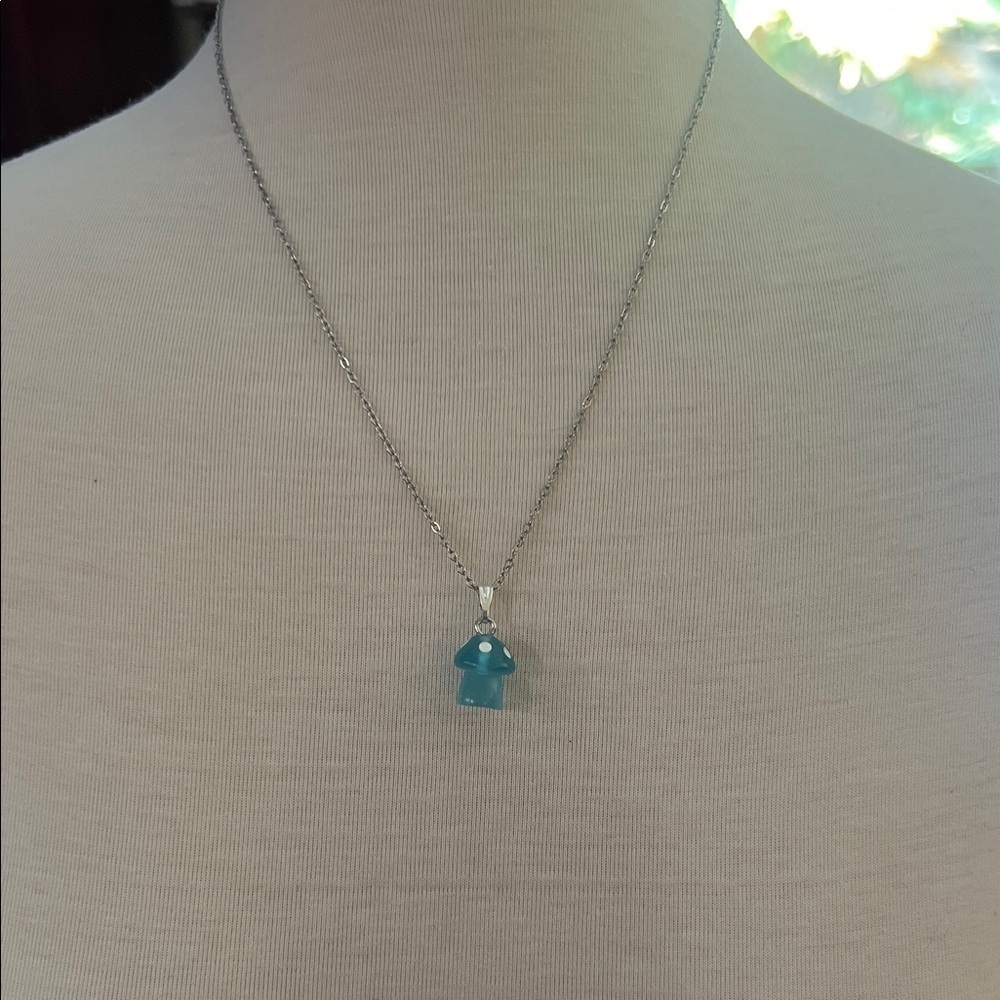 Blue Mushroom Resin Pendant Stainless Steel Necklace